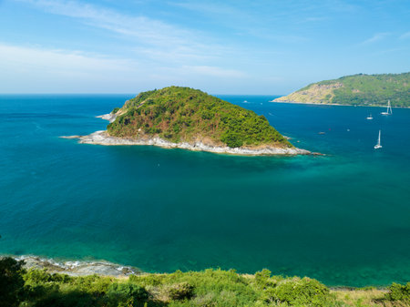 Drone aerial view shot of Tropical sea with beautiful small island in Phuket Thailandの写真素材