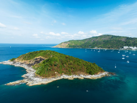 Drone aerial view shot of Tropical sea with beautiful small island in Phuket Thailandの写真素材
