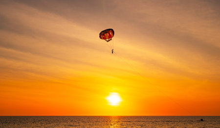 Silhouette Travel people Parasailing over sea Against sky during sunset in golden hour of sunset or...