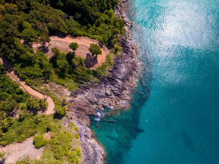 Aerial view seashore with mountains at Phuket Thailand, Beautiful seacoast view at open sea in...