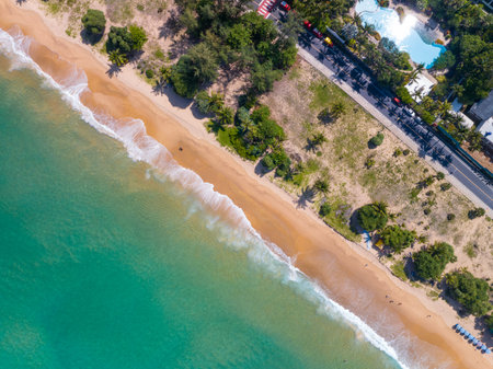 Beautiful beach seacoast view at open sea in summer season,Nature Environment and Travel background,Amazing sea ocean background,Top view beach sea space areaの写真素材
