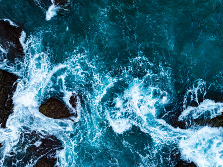 Amazing seascape view seashore and big waves crashing on rocks, Aerial view waves sea surface in...