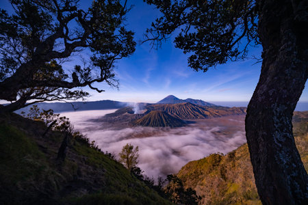 Aerial view Mountains at Bromo volcano during sunrise sky,Beautiful Mountains Penanjakan in Bromo...