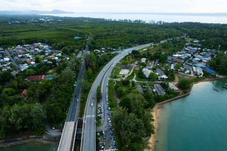 Aerial view of Sarasin bridge road transportation background concept The bridge is a between Phang Nga and Phuket island Thailand The bridge is the most important in making business and transportationの写真素材