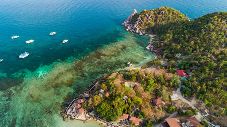 Aerial view drone uav top down birds eye view blue water and coral reef at Koh Tao Thailand by Drone High angle viewの写真素材