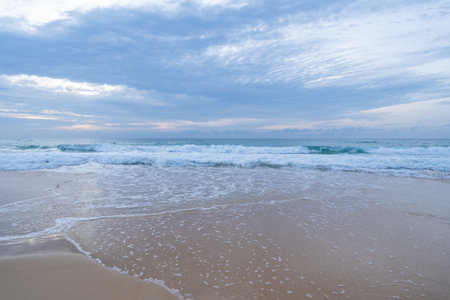 Beautiful tropical beach summer seascape,Amazing sandy beach and sea in sunny day,Blue sky in good weather day, Beach sea space area nature backgroundの写真素材