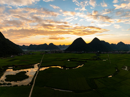 Drone aerial view of landscape mountains view in summer season,High angle view over countryside at...