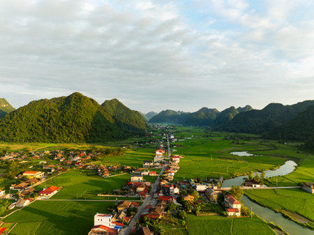 Amazing landscape nature view Rice fields and mountains in Bac Son valley, Lang Son,Northern Vietnam, Seen from above, High angle viewの写真素材