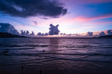 Aerial view sunset sky,Nature beautiful Light Sunset or sunrise over sea,Colorful dramatic majestic scenery sunset Sky with Amazing clouds and waves in sunset skyの写真素材