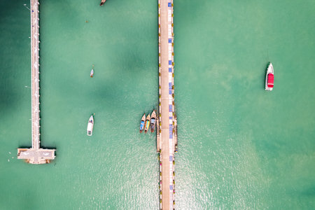 Chalong pier with sailboats and other boats at the sea Top view frome drone camera,Phuket Thailandの写真素材