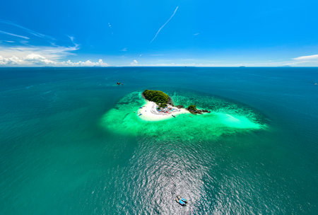 Aerial view drone shot of Amazing small island beautiful tropical sandy beach landscape view at koh Khai Island in Phang Nga Thailandの写真素材