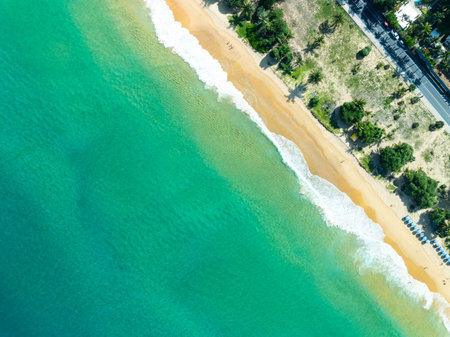 Aerial view of blue sea surface water texture background,Sun reflections on water, Aerial flying drone view Waves water surface texture on sunny tropical oceanの写真素材