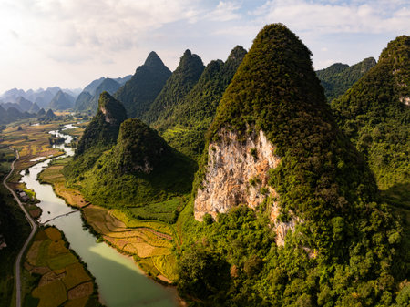 Drone aerial view of landscape mountains view in sunset or sunrise time,High angle view image over countryside at northern Vietnamの写真素材