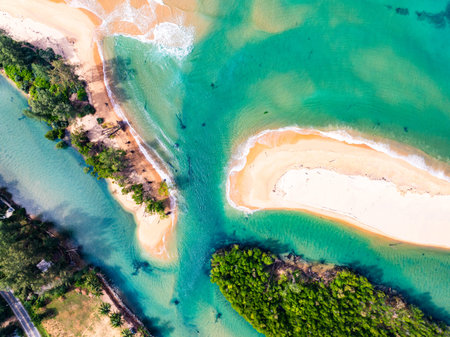 Summer seascape beautiful waves, Tropical sea water in sunny day, Top view from drone camera,...