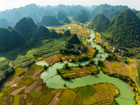 Aerial wide angle view of landscape with rice field at Phong Nam village in Trung Khanh, Cao Bang province,Northern Vietnamの写真素材