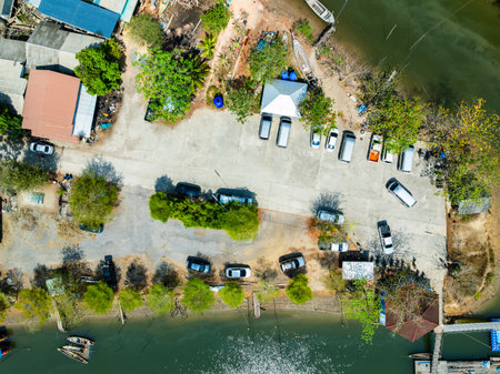Aerial View top down parking in harbor,Transportation and travel background,Beautiful sea in summer season,car parking in harbor at Thailandの写真素材