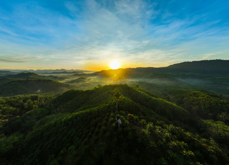 Aerial view landscape mountains view in sunset or sunrise sky background