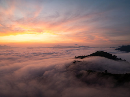 Aerial view Beautiful natural landscape Rainforest mountains in the sunrise or sunset time,Natural...