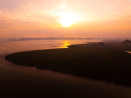 Amazing sunset or sunrise sky over sea landscape,Beautiful colorful light of nature background,Drone camera shot nature view seascapeの写真素材