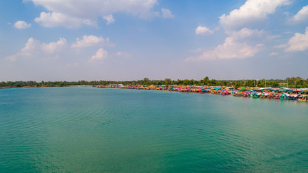 Beautiful landscape nature view in the morning with reflections light over water surface, High angle viewの写真素材