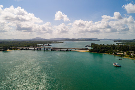 High angle view Sarasin bridge Phuket island Thailandの写真素材