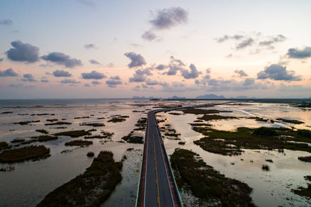 Aerial view Drone shot of Colorful Road bridge cross the lake at Talay Noi Lake in Phatthalung province Thailandの写真素材