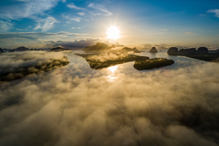 Aerial view landscape drone shot beautiful colorful sky nature backgroundの写真素材