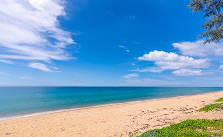 Beautiful sandy beach and sea in sunny day,Blue sky in good weather day, Beach sea space area nature backgroundの写真素材