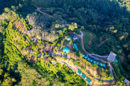 Aerial view landscape mountains background,Amazing nature mountains with campground at Phang Nga Thailandの写真素材