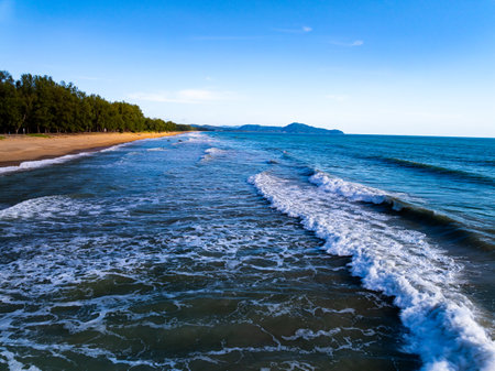 Aerial view landscape sea beach in raining season at Phuket island Thailandの写真素材