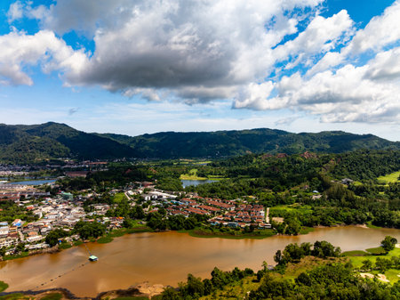 High angle view mountains rainforest green backgroundの写真素材