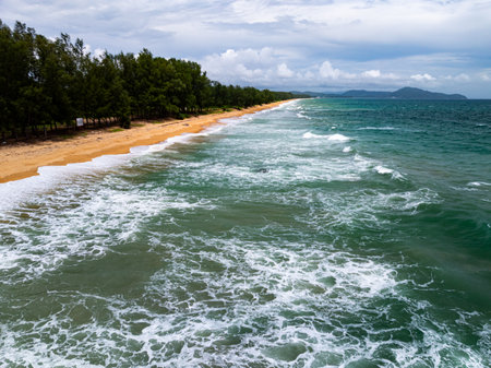 Aerial view landscape sea beach in raining season at Phuket island Thailandの写真素材