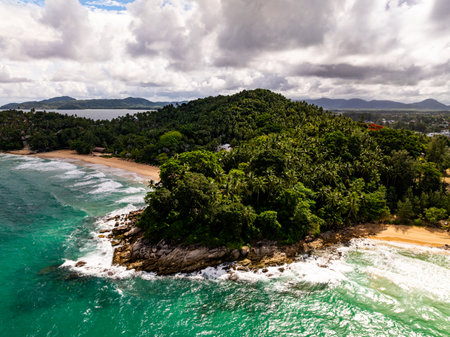 Aerial view landscape sea beach in raining season at Phuket island Thailandの写真素材