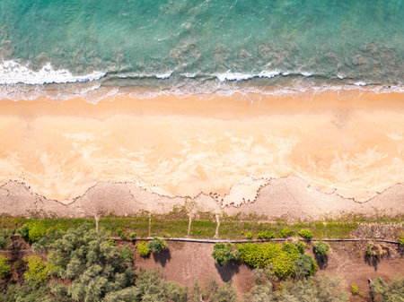 Top view beach with waves crashing on sandy shore,Beautiful waves sea surface in summer seascape...
