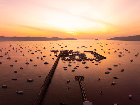 Aerial view of fishermen pier dock with many fishing boats parked in a harbor
