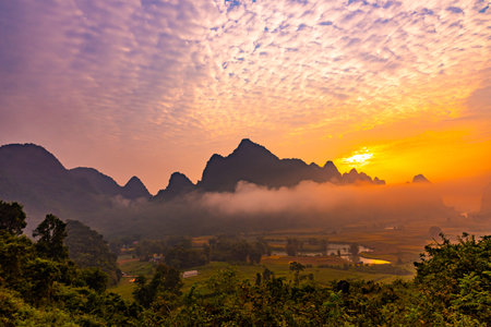 Drone aerial view of landscape mountains view in sunrise or sunset time,High angle view over...