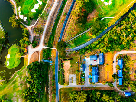Top view Amazing bird eye view over Golf courses in summer sunny dayの写真素材