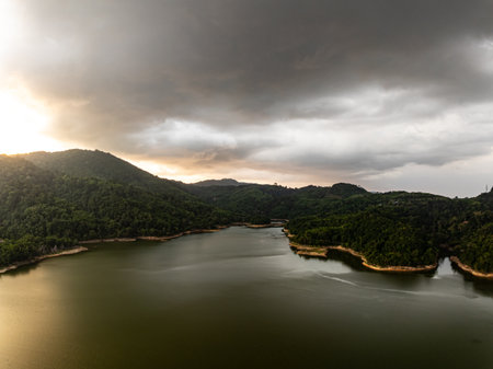 Beautiful sky over lake or pond Aerial view landscapeの写真素材
