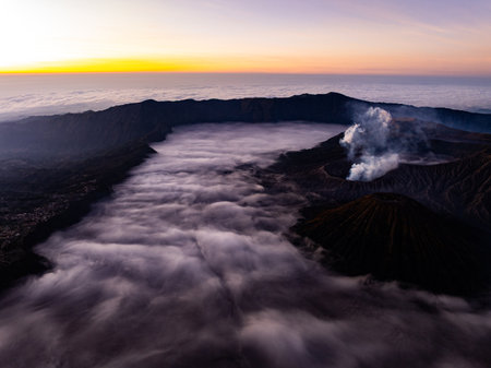 Aerial view Mountains at Bromo volcano during sunrise sky,Beautiful Mountains Penanjakan in Bromo Tengger Semeru National Park,East Java,Indonesia.Nature landscape backgroundの写真素材