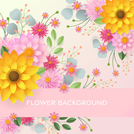 Wedding invitation floral card. Paper cut flowers for decor, realistic effect. Bright holiday design. with flowers paper cutのイラスト素材