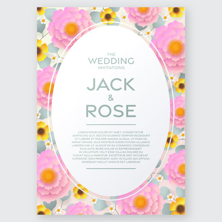 Wedding invitation floral card. Paper cut flowers for decor, realistic effect. Bright holiday design. with flowers paper cutのイラスト素材