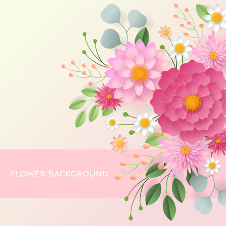 Wedding invitation floral card. Paper cut flowers for decor, realistic effect. Bright holiday design. with flowers paper cutのイラスト素材