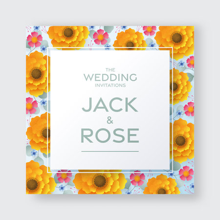 Wedding invitation floral card. Paper cut flowers for decor, realistic effect. Bright holiday design. with flowers paper cutのイラスト素材
