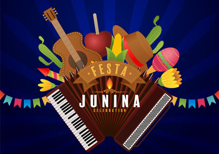 Festa Junina Poster June Festival. Folklore Holiday Guitar Accordion Cactus Summer Sunflower Campfire.のイラスト素材