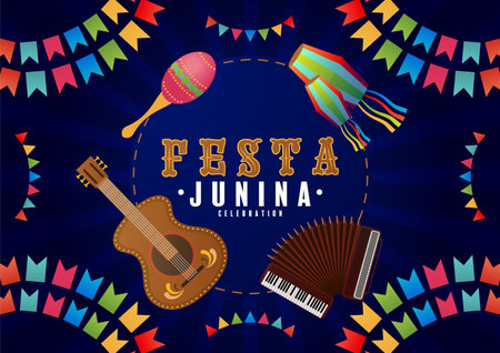 Festa Junina Poster June Festival. Folklore Holiday Guitar Accordion Cactus Summer Sunflower Campfire.のイラスト素材