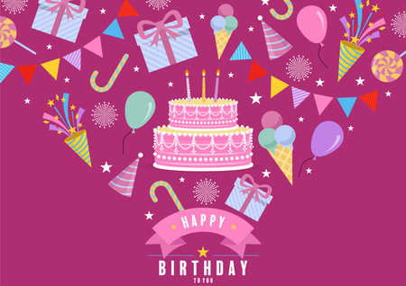 happy birthday greetings with cake and flowers flat designのイラスト素材