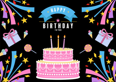 happy birthday greetings with cake and flowers flat designのイラスト素材