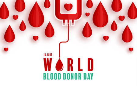 World Blood Donor Day, June 14th with blood bag transferring blood concept paper cut.のイラスト素材
