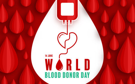 World Blood Donor Day, June 14th with blood bag transferring blood concept paper cut.のイラスト素材
