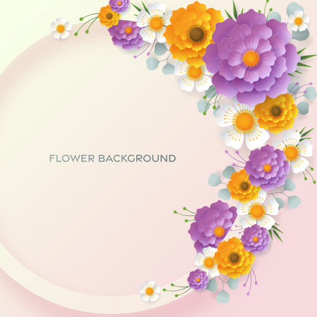 Wedding invitation floral card. Paper cut flowers for decor, realistic effect. Bright holiday design. with flowers paper cutのイラスト素材